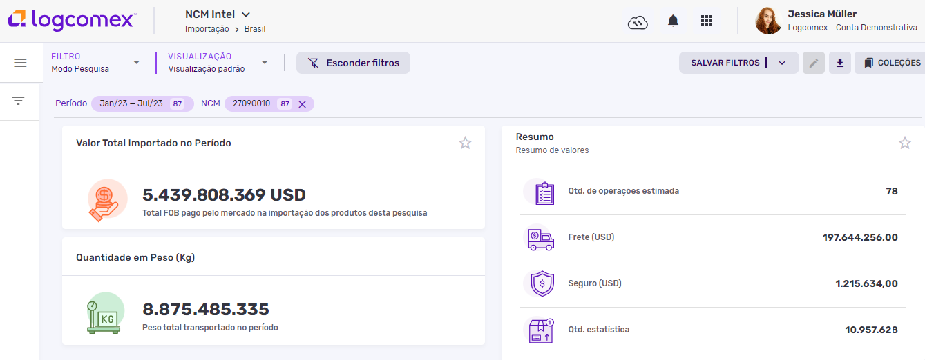 Captura de tela da plataforma Logcomex apresentando os dados gerais da importação de petróleo