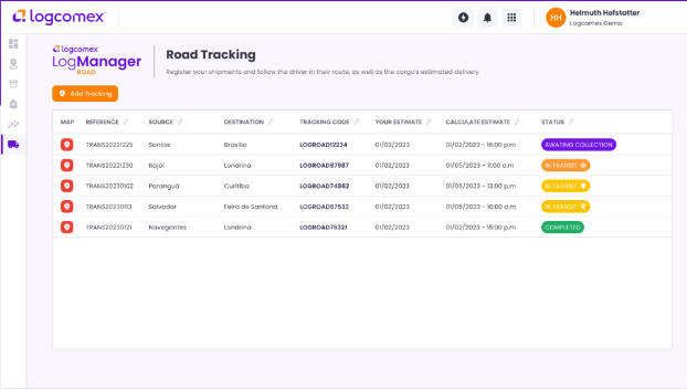 Módulo rodoviário do LogManager, plataforma de visibilidade avançada Logcomex