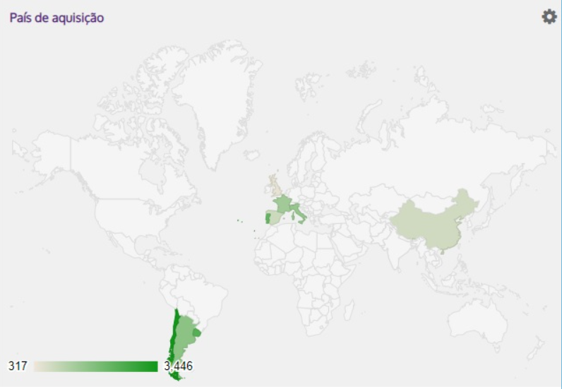 Países de aquisição assinalados em verde no mapa