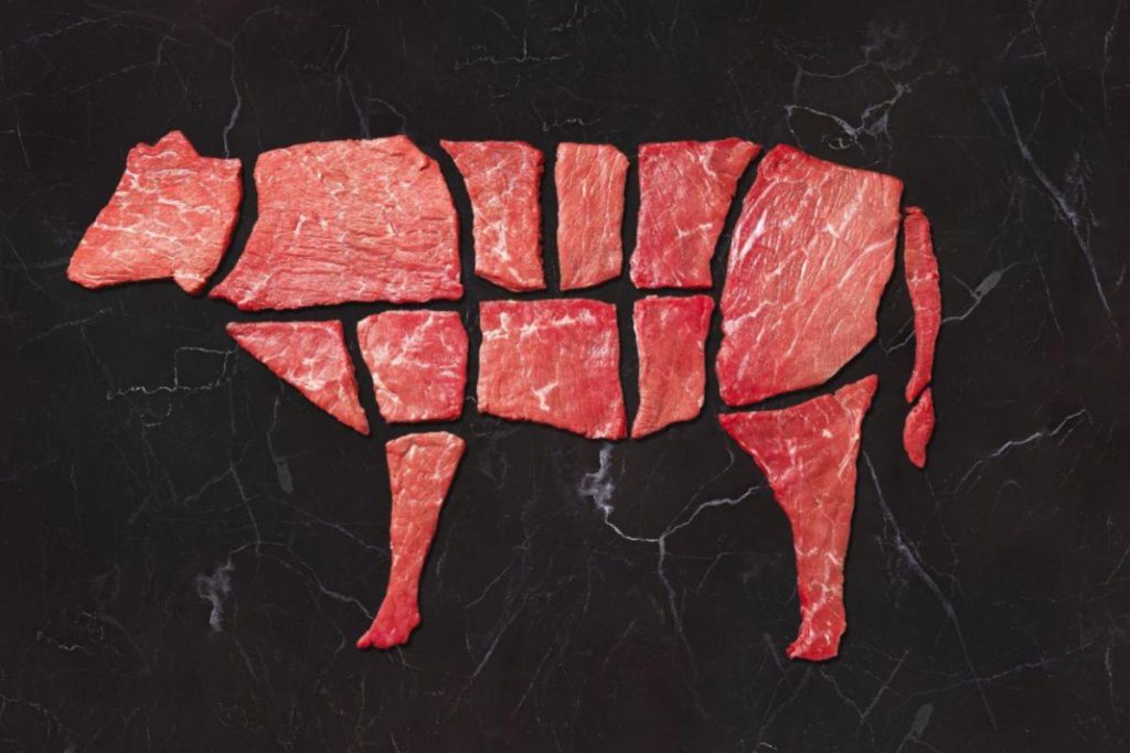 Imagem de um boi formada por tiras de carne demarcando cada tipo de corte