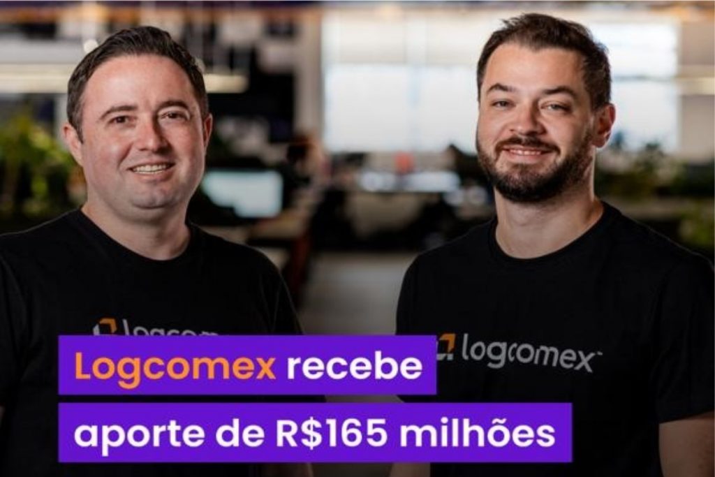 Foto de Helmuth, CEO Logcomex e Carlos COO Logcomex com sobreposição de manchete anunciando novo aporte